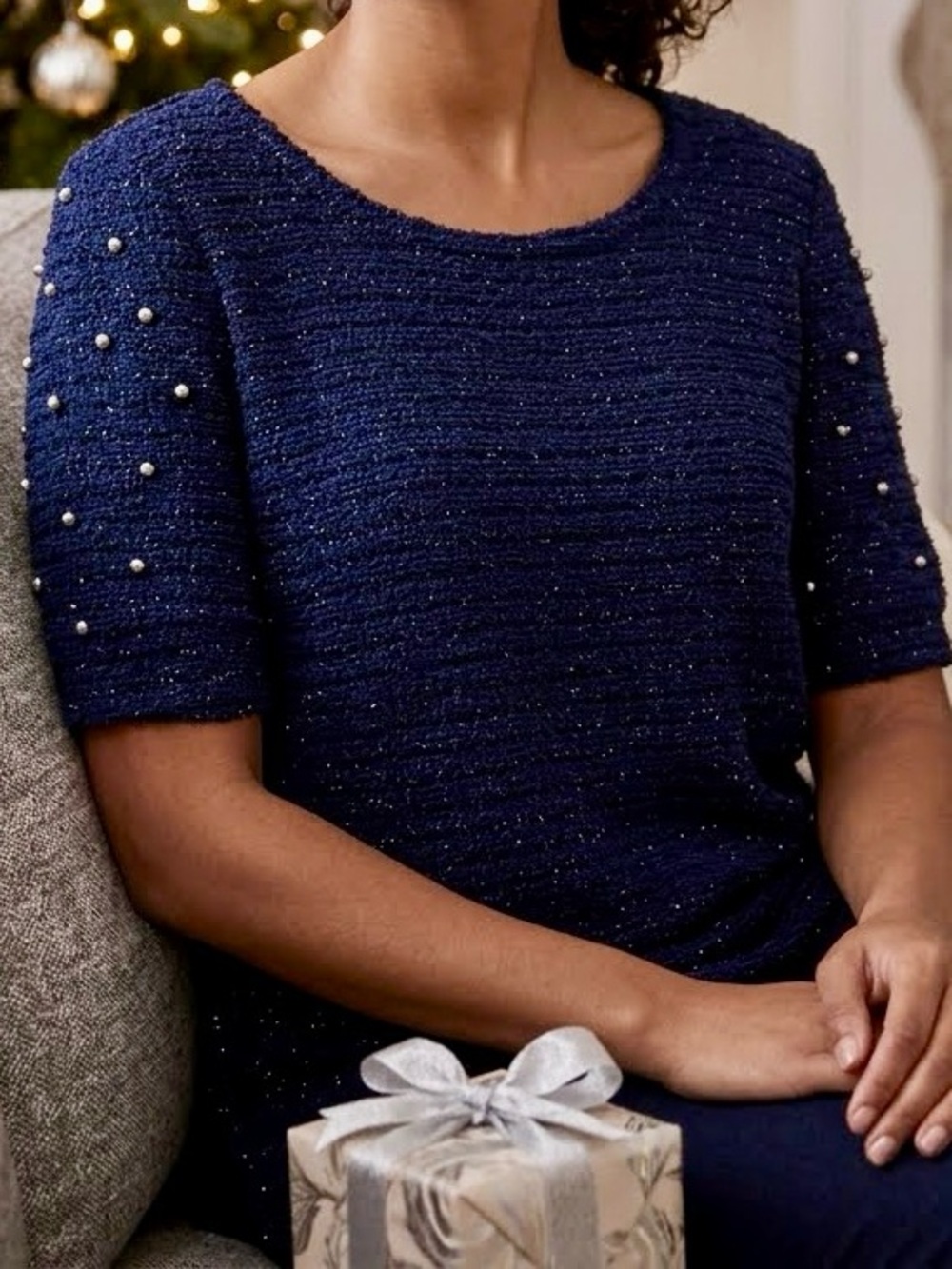 Navy Blue Bouclé Knit Holiday Top Silver Metallic Fleck Size 14